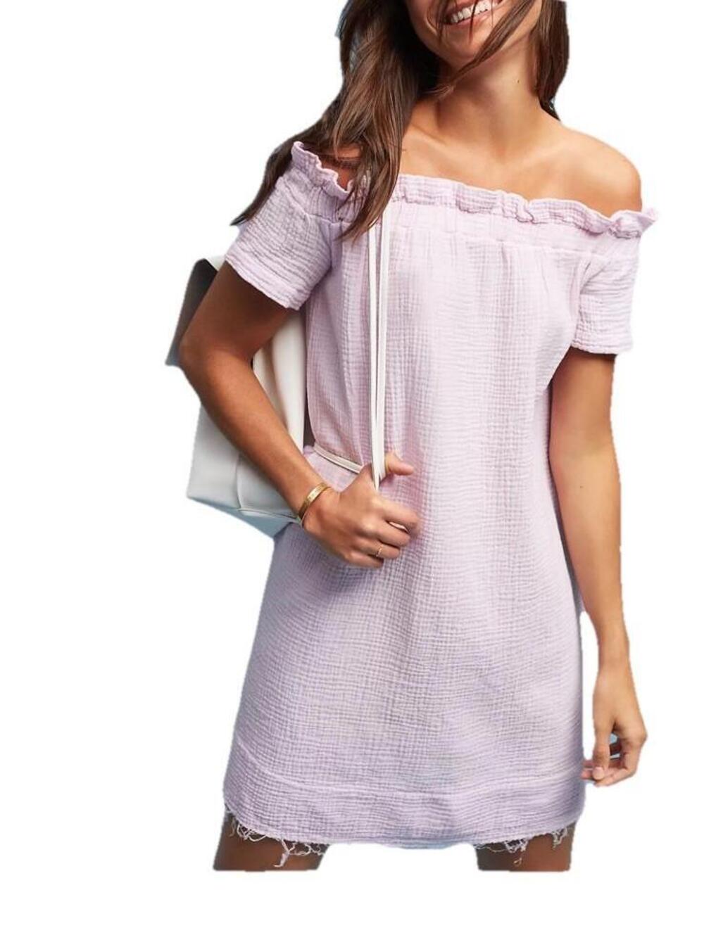 Anthropologie Off Shoulder Pastel Pink gauzy Cotton Beach wear Mini Dress  Sz Xs